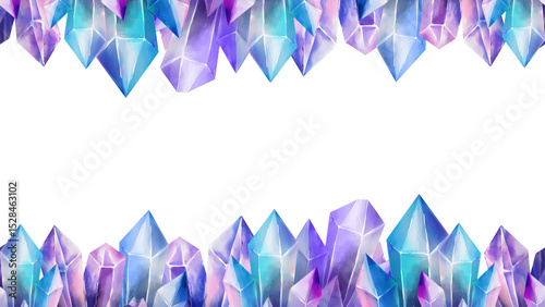 Seamless top and bottom border with vibrant watercolor crystals in blue, purple and pink tones. Ideal for mystical designs, scrapbooking, invitations, packaging and fantasy decorations.