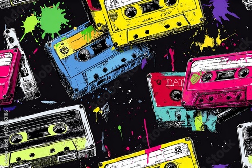 pop punk seamless pattern with neon cassette tapes and spray-paint effect, black backdrop