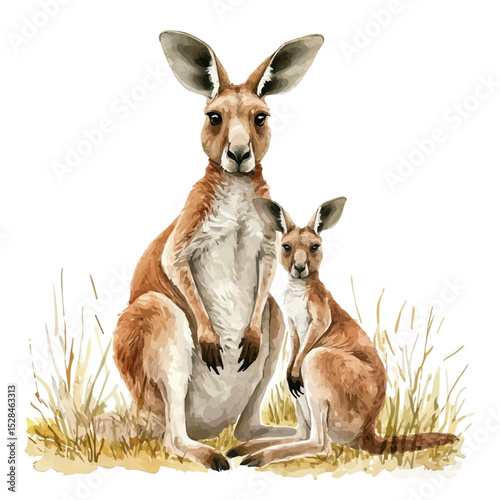 A Mother Kangaroo With Her Kid, watercolor clipart vector, high quality, isolated on a white background.