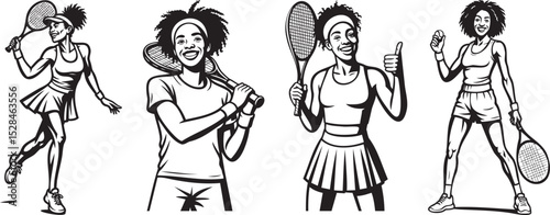 Diverse women tennis athletes celebrating, holding rackets and trophies, great for empowerment graphics, sports branding, training visuals, and energetic design resources