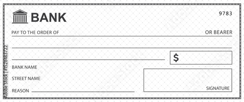 Bank check, vector blank money cheque, checkbook template with guilloche pattern and fields. Currency payment coupon, money check background