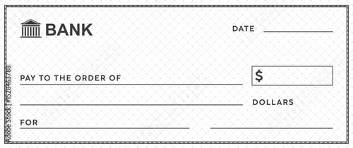 Empty money cheque. Bank check. check book template with pattern and blank fields. Currency payment coupon, US dollar check background.