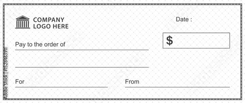 Bank check, vector blank money cheque, checkbook template with guilloche pattern and fields. Currency payment coupon, money check background