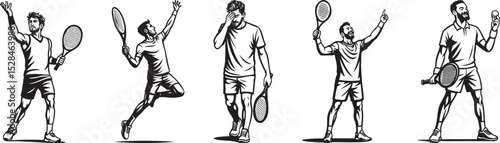 Male tennis athlete linework silhouettes in calm, celebratory, and resting poses, great for branding, instructional banners, sports gear design, and active lifestyle visuals