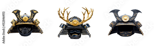 Samurai helmet display cultural exhibition artifacts front view. Cut out png set