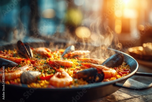 A delectable Spanish seafood paella dish, freshly prepared with shrimp, mussels, and saffron rice, garnished with fresh herbs and served in a traditional pan on a rustic wooden table. photo