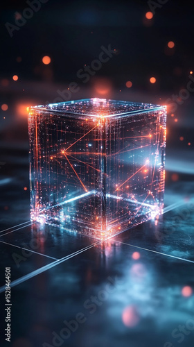 Abstract glowing cube with interconnected lines in dark environment  