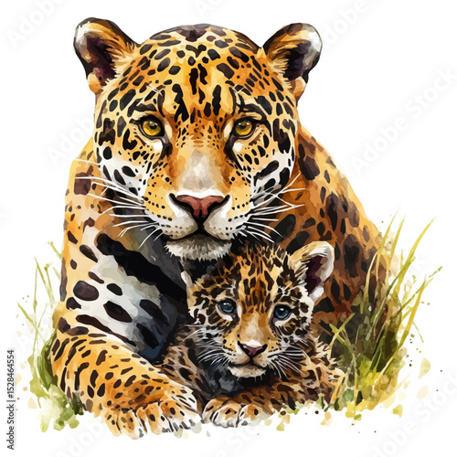 A Mother Jaguar With Her Kid, watercolor clipart vector, high quality, isolated on a white background.