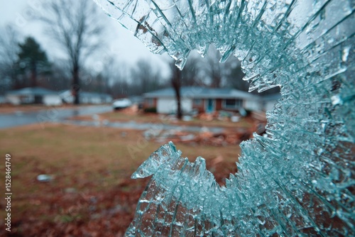 Close-up of a shattered glass window with a blurred residential scene in the background, creating a sense of vulnerability, damage, and neighborhood disruption.