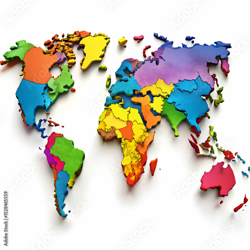 Colorful 3D world map global geography perspective
