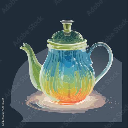 A colorful teapot illustrated with artistic strokes and soft lighting on a plain background.