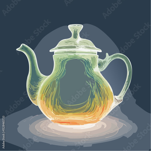 A colorful teapot illustrated with artistic strokes and soft lighting on a plain background.