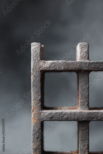 Abstract, textural shot of a weathered metal grate against a blurred background. Evokes themes of confinement, restriction, or resilience. Great for gritty, industrial designs.
