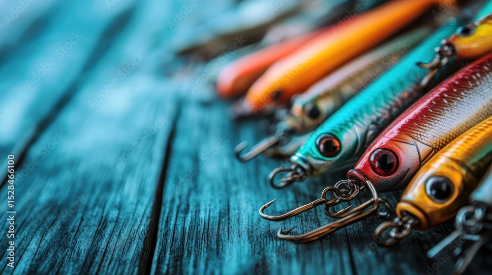 Fototapeta premium An array of colorful fishing lures displayed on a rustic wooden surface, emphasizing the artistic details and textures inherent in fishing gear.
