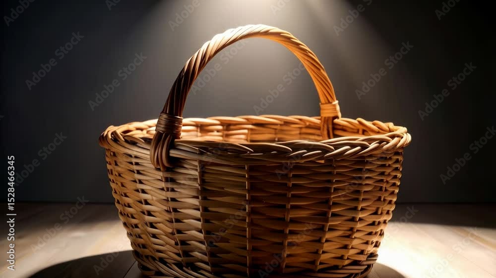 Woven wicker basket with handle sits on a wood floor under a spotlight creating dramatic shadows, highlighting natural textures