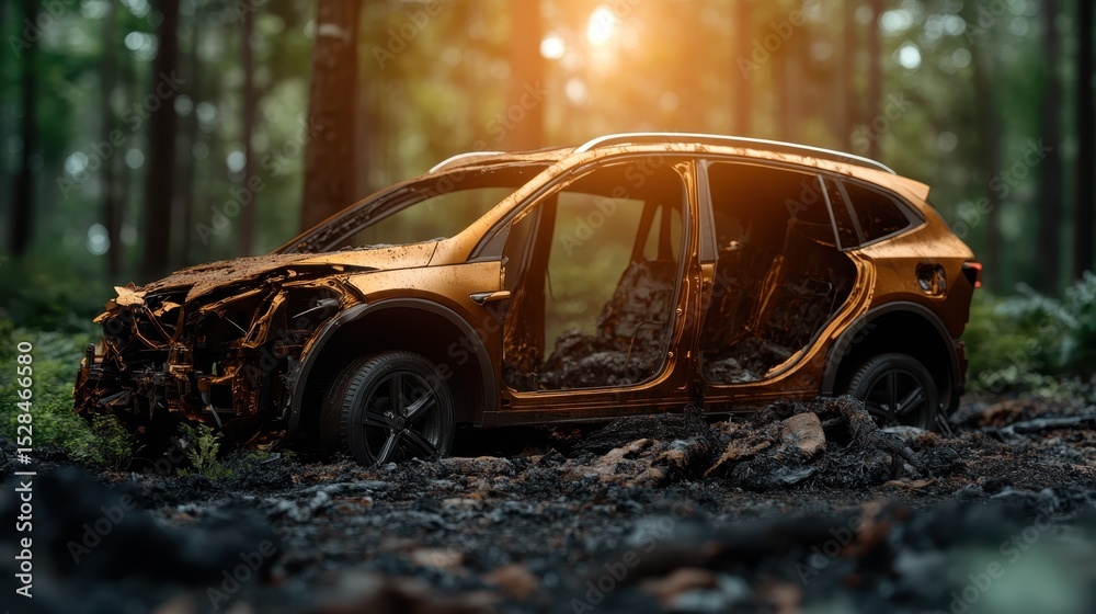 Fototapeta premium A charred SUV rests abandoned in a forest, representing loss, decay, and the stark contrast between nature's beauty and the remnants of human impact after a devastating fire.