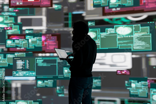 Conceptual representation of cyber crime with male hacker exploiting system vulnerability, using programming technique and surveillance to override digital defenses and leak information. photo