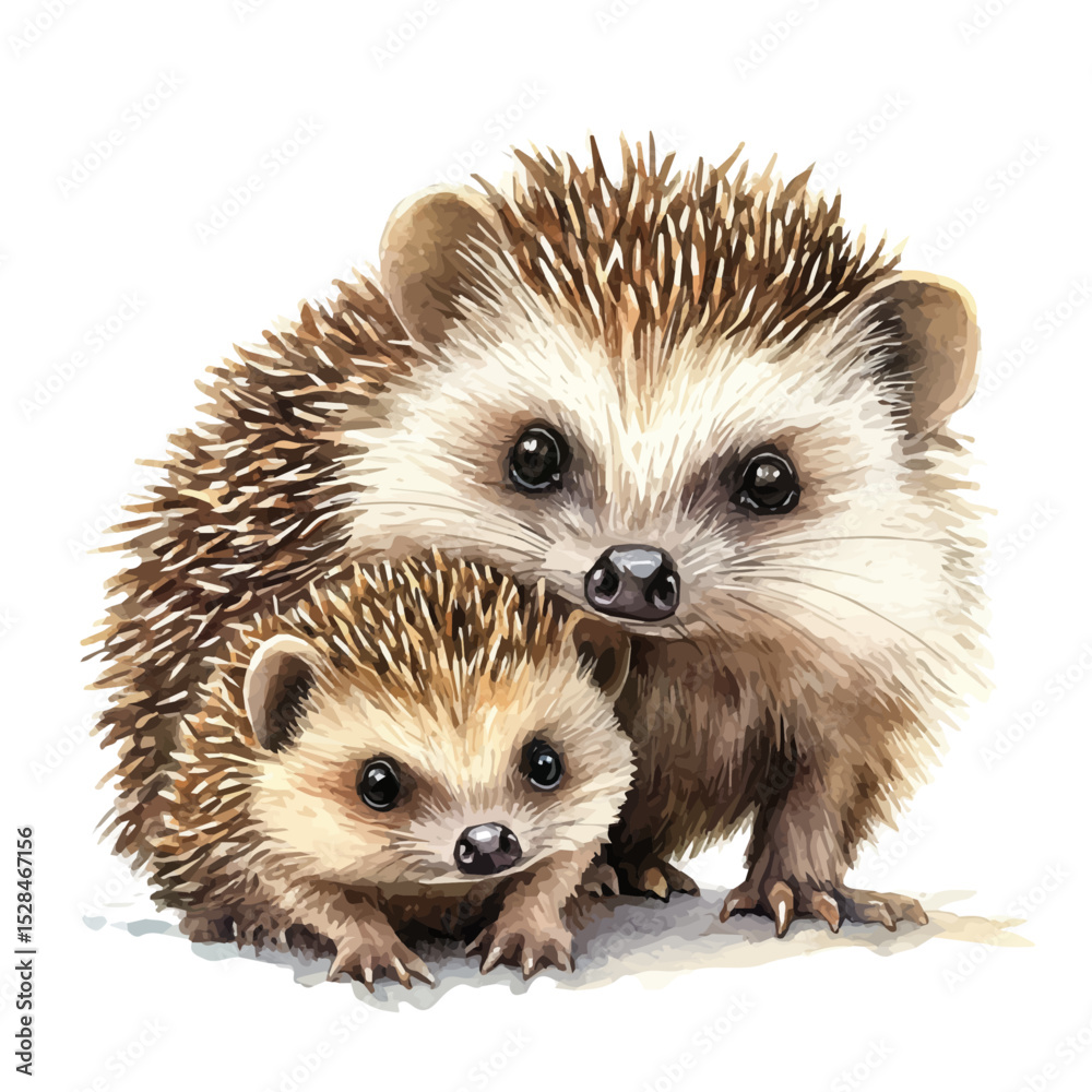 Naklejka premium A Mother Hedgehog With Her Kid, watercolor clipart vector, high quality, isolated on a white background.