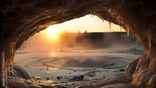 Golden Sunrise Over Erupting Geyser and Steamy Lake Viewed From Icy Cave Interior