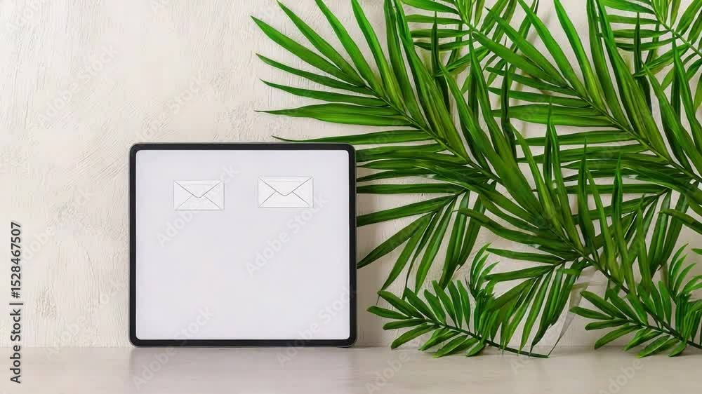 Minimalist workspace with blank tablet, green palm leaf and light background for modern digital lifestyle and creativity