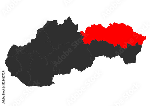 Red vector silhouette of the location map of the region of presov in the country of Slovakia.