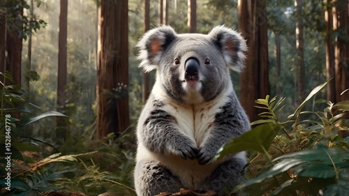 Chubby koala nestled among towering forest trees  perfect for naturethemed designs, wildlife promotions, environment conservation materials. photo