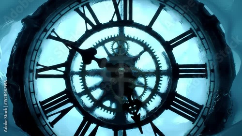Icy Vintage Clock with Moving Hands and Visible Gears Reveals a Mystical Glowing Symbol