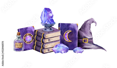 Magic composition with books, potion and witch hat