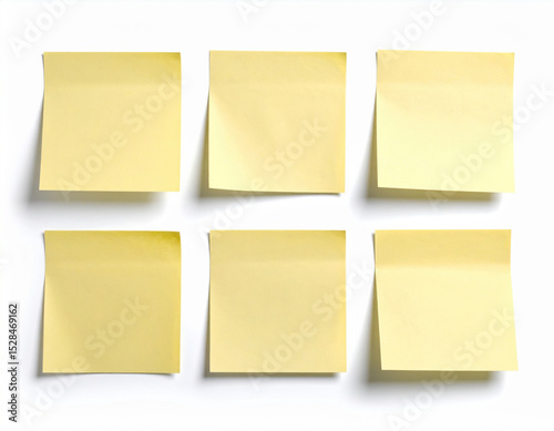 Six pristine sticky notes arranged in grid, their adhesive surfaces glistening under soft light, ready for notes or reminders, adding touch of organization to any workspace