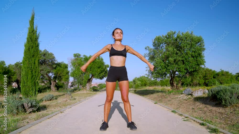 Mujer joven deportista haciendo ejercicios en el parque un  día soleado con cielo azul.