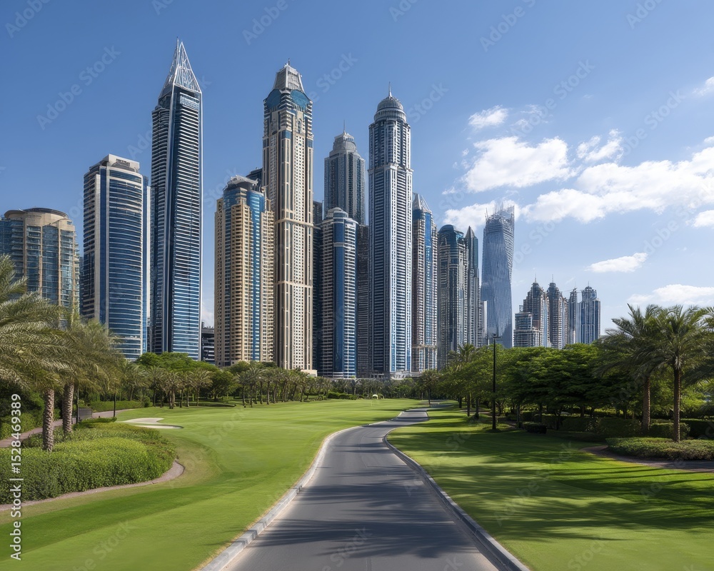 Breathtaking Dubai skyline view, vibrant green grass, clear blue sky, city street - clouds architecture street Breathtaking Dubai skyline view, vibrant green grass, clear blue sky, city street - clouds architecture street
