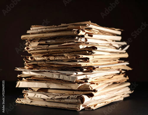 Large stack of crumpled and old paper documents rests on dark background, evoking sense of nostalgia and history. textures and layers of papers create visually intriguing composition photo