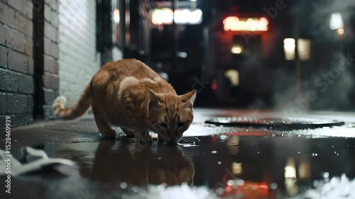Ginger cat drinking water from a puddle in a dark atmospheric city alleyway at night with reflections