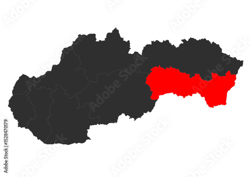 Red vector silhouette of the location map of the region of kosice in the country of Slovakia.