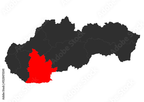 Red vector silhouette of the location map of the region of Nitra in the country of Slovakia.