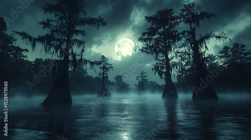 Eerie Moonlight over Cypress Swamp at Night