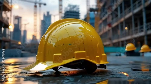 4K video of yellow construction helmet on blueprint, construction site background, building project design concept 