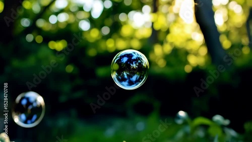 Floating soap bubbles gently drifting with trees reflected and sunlight on vibrant green foliage creating an enchanting, dreamy summer scene.