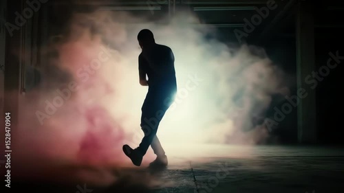 Silhouette Male Dancer Performing Energetic Hip Hop Moves in Colored Smoke Filled Dark Industrial Warehouse