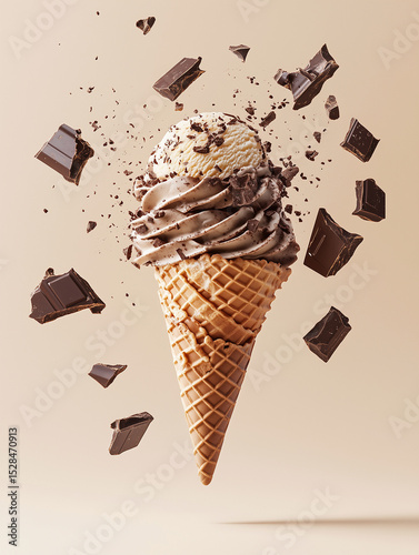 Delicious chocolate and vanilla ice cream cone with flying chocolate pieces and a cream swirl