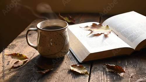 Cozy Autumn Scene Steaming Coffee Mug Open Book And Colorful Maple Leaves On Wooden Table