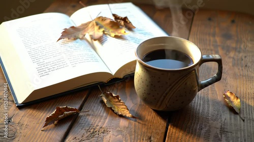 Cozy autumn morning scene with steaming coffee mug open book and fall leaves on rustic wooden table