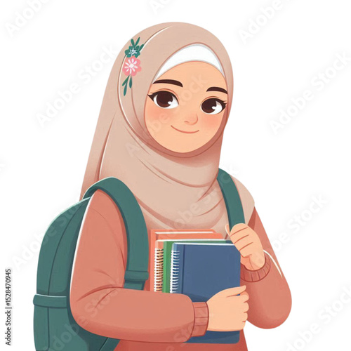 Young woman in hijab holding books while standing with backpack  