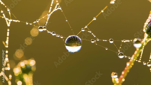 Macro shot of glistening dew drops on a delicate spider web reflecting golden morning light with soft bokeh