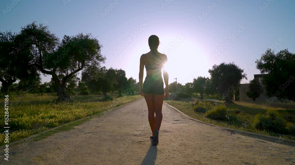 Mujer joven deportista caminando por el parque al atardecer con el sol en el fondo a contraluz.