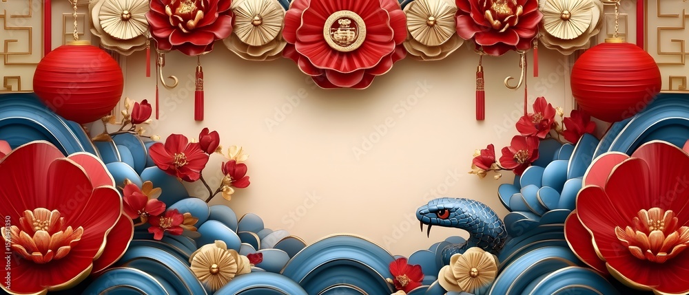 Naklejka premium Happy Chinese new year 2026 floral and Chinese ornaments, year of the horse, background.
