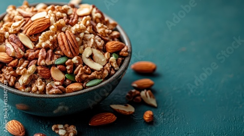 A close-up of a bowl filled with an assortment of healthy mixed nuts, showcasing their rich textures and colors, ideal for snacking and promoting wellness and nutrition.
