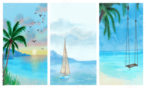 Hand Drawn Beach Poster Set – Tropical Sunset, Sailboat View, and Seaside Swing