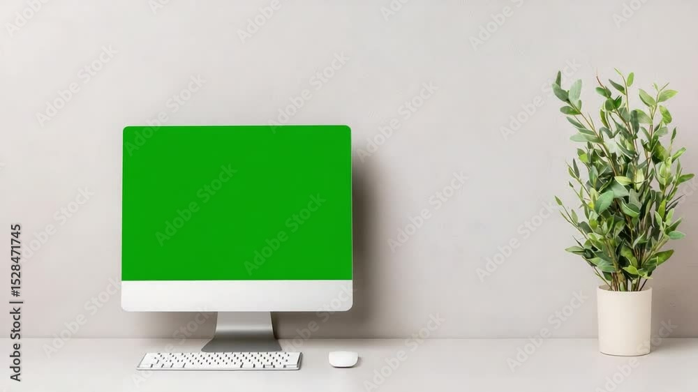 Modern workspace with green wall and plant featuring a minimalist desktop computer for creative professionals and freelancers
