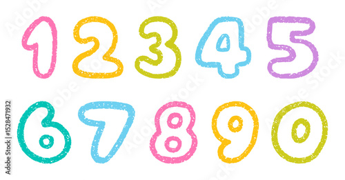 Crayon number doodle set. Chalk pencil font with kid signs in sketch style. Hand drawn vector illustration isolated on white background.